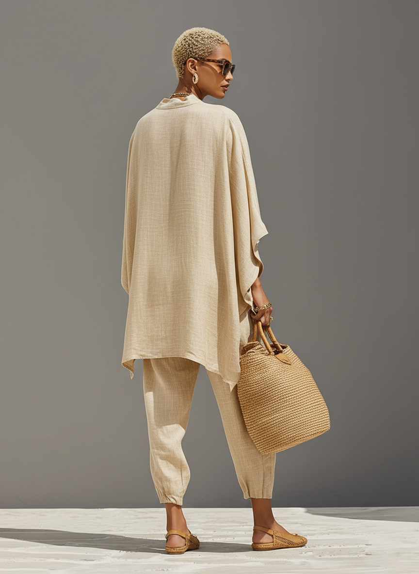 Linen Cotton Two Piece Set, Asymmetric Hem Top