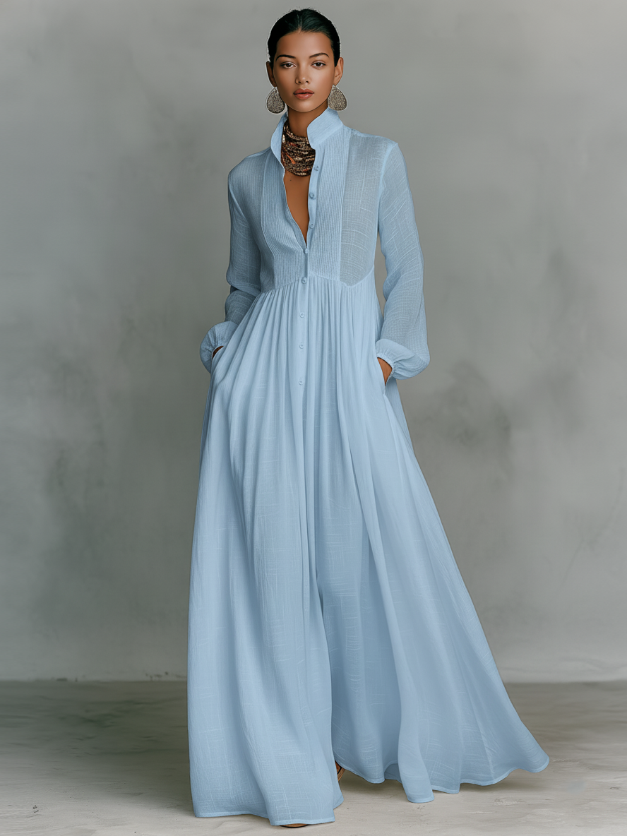 White Gauze Button Down Maxi Dress linen Women's Long Sleeve Smocked Waist Flowy Shirt Dress with Pockets