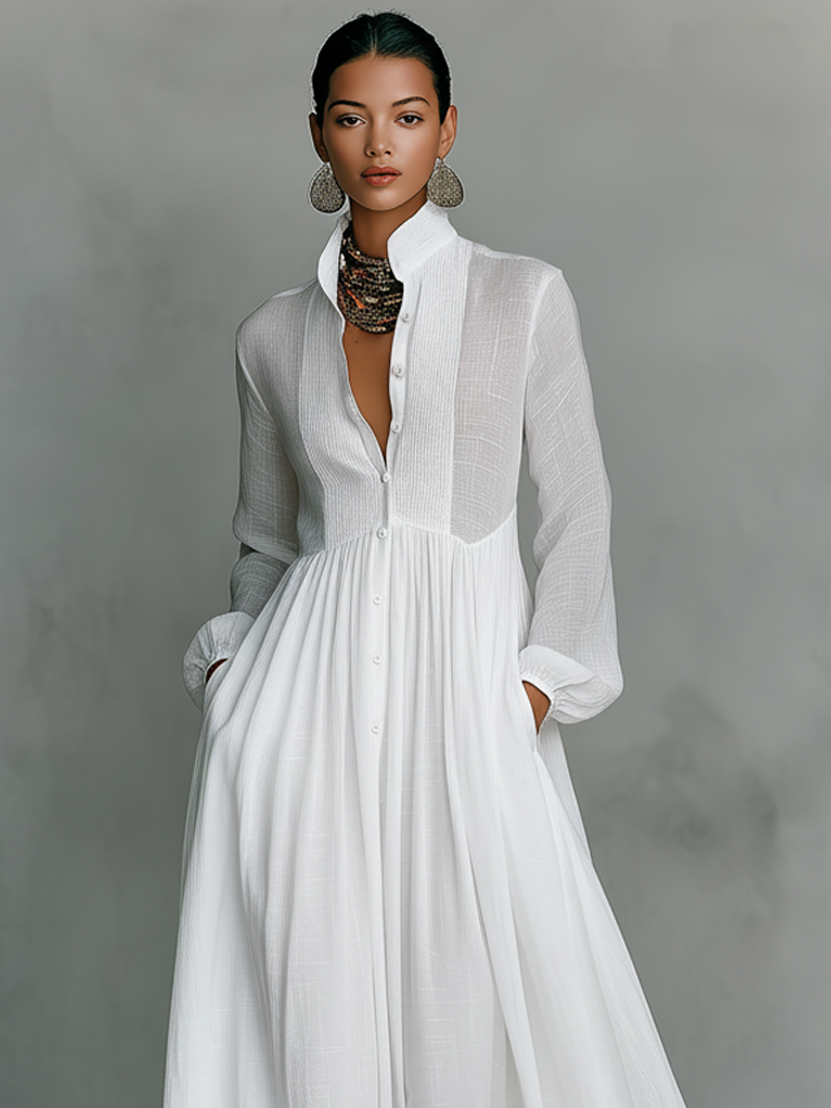 White Gauze Button Down Maxi Dress linen Women's Long Sleeve Smocked Waist Flowy Shirt Dress with Pockets