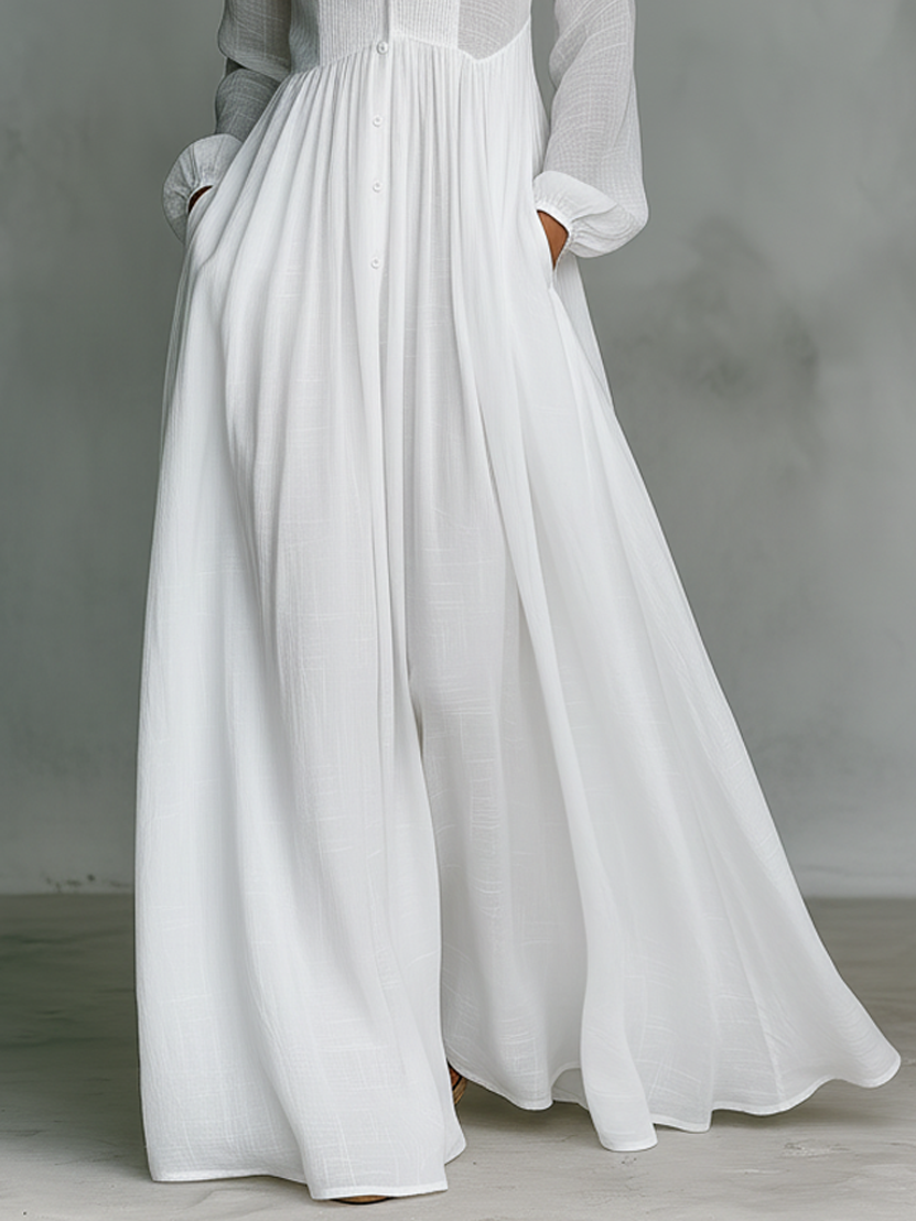 White Gauze Button Down Maxi Dress linen Women's Long Sleeve Smocked Waist Flowy Shirt Dress with Pockets
