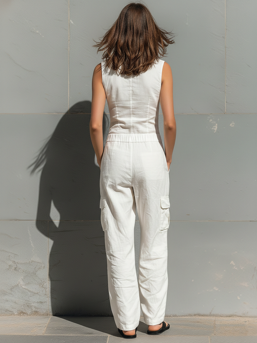 Cotton Blend V Neck Jumpsuit, Sleeveless Tailored Fit