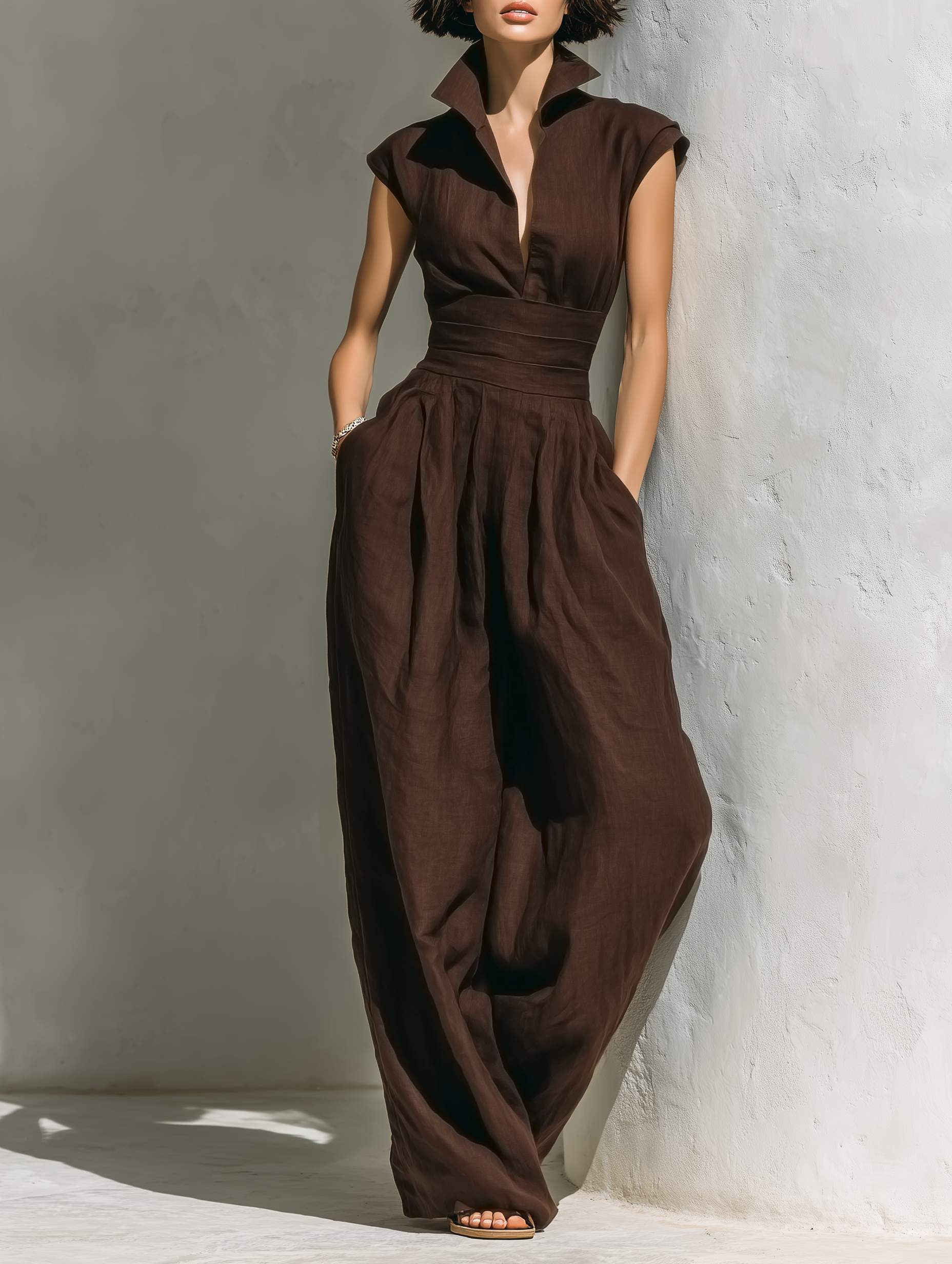 Women’s Linen Blend Cap Sleeve Wide Leg Jumpsuit – Minimalist One-Piece Casual Chic Outfit