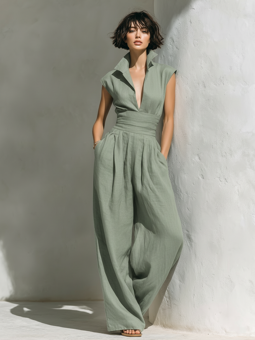 Women’s Linen Blend Cap Sleeve Wide Leg Jumpsuit – Minimalist One-Piece Casual Chic Outfit