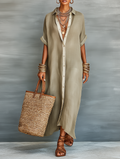 Women’s Linen Blend Shirt Maxi Dress – Short Sleeve Button Front Casual Elegant Summer Dress