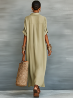 Women’s Linen Blend Shirt Maxi Dress – Short Sleeve Button Front Casual Elegant Summer Dress