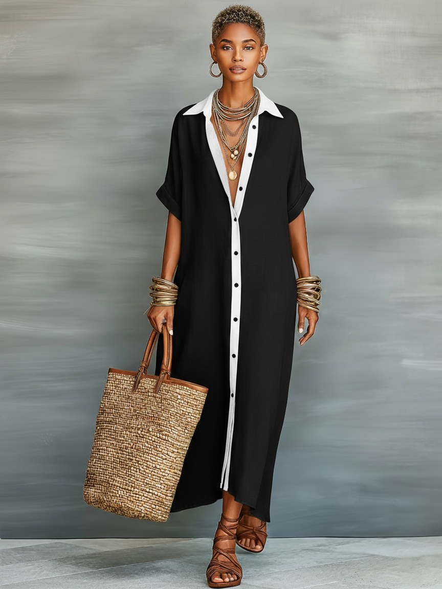 Women’s Linen Blend Shirt Maxi Dress – Short Sleeve Button Front Casual Elegant Summer Dress