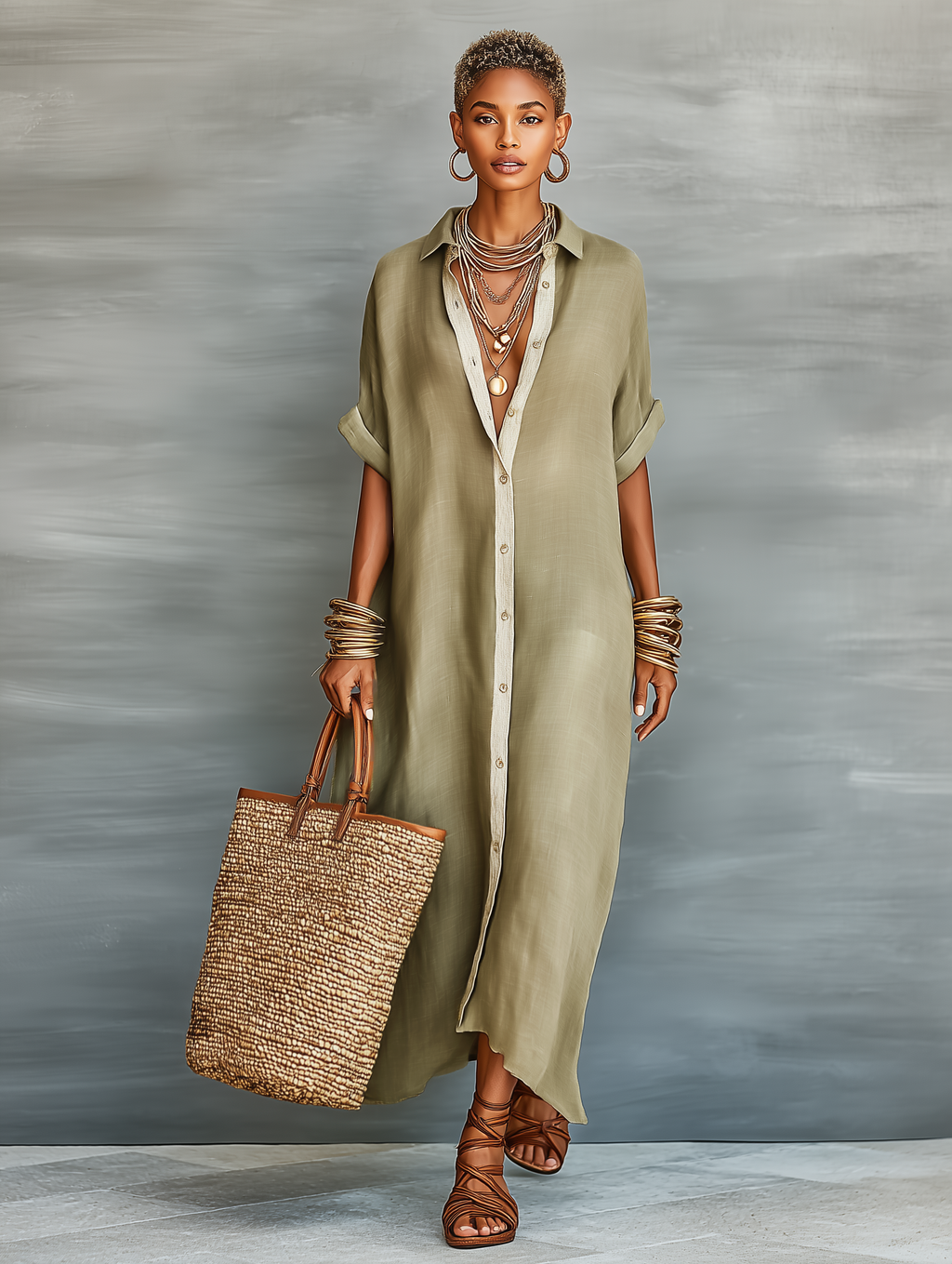 Women’s Linen Blend Shirt Maxi Dress – Short Sleeve Button Front Casual Elegant Summer Dress