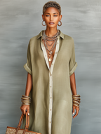 Women’s Linen Blend Shirt Maxi Dress – Short Sleeve Button Front Casual Elegant Summer Dress