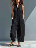 Onyx Wide-Leg Linen Jumpsuit  Black Sleeveless Balloon Leg Resort Jumpsuit
