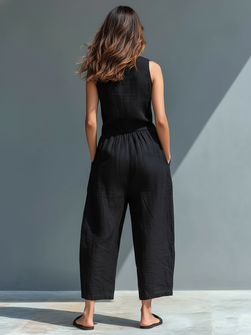 Black Wide Leg Linen Jumpsuit, Sleeveless Balloon Leg