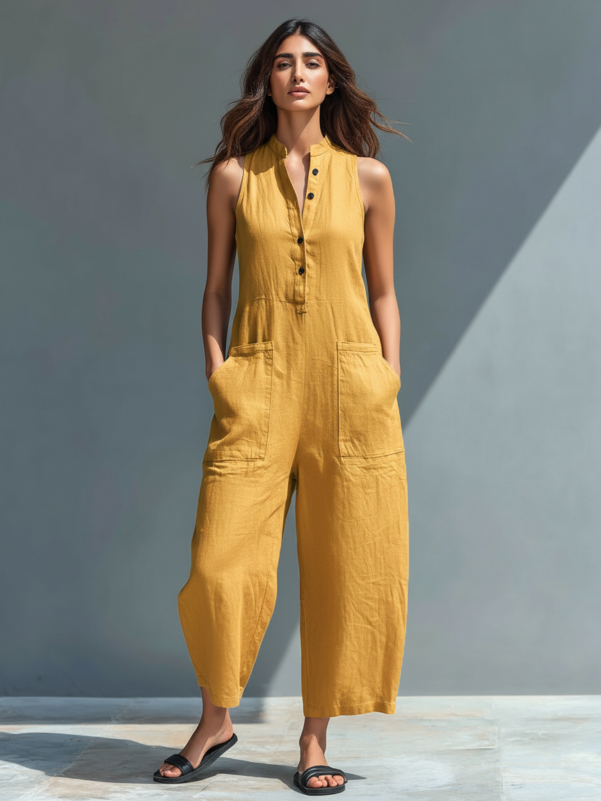 Onyx Wide-Leg Linen Jumpsuit  Black Sleeveless Balloon Leg Resort Jumpsuit