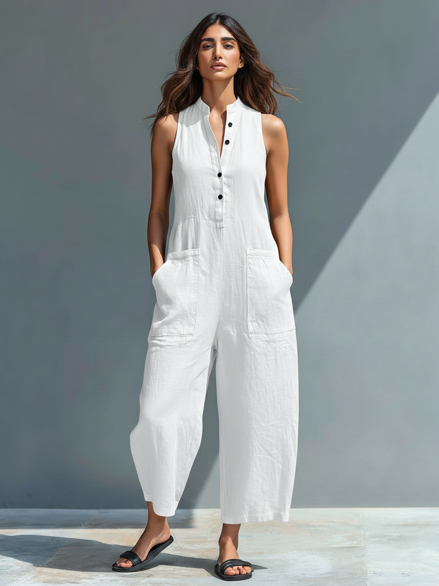 Onyx Wide-Leg Linen Jumpsuit  Black Sleeveless Balloon Leg Resort Jumpsuit