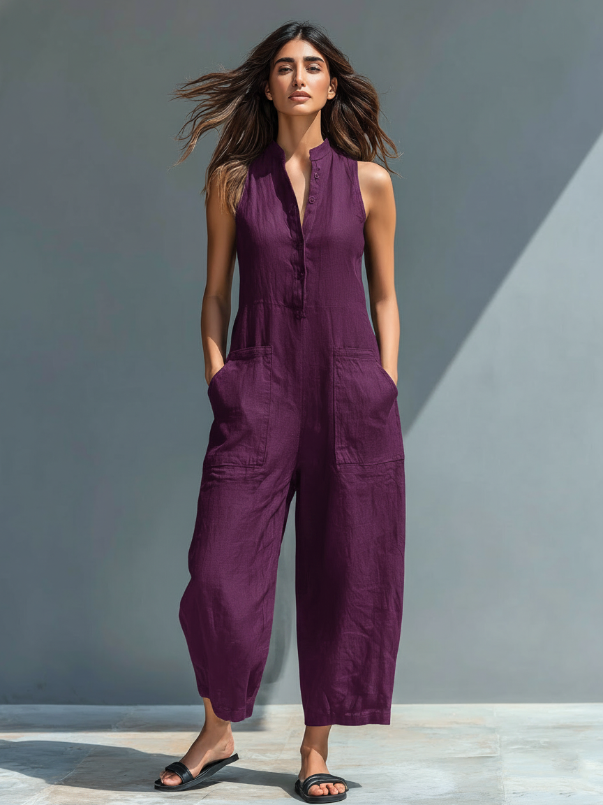 Onyx Wide-Leg Linen Jumpsuit  Black Sleeveless Balloon Leg Resort Jumpsuit