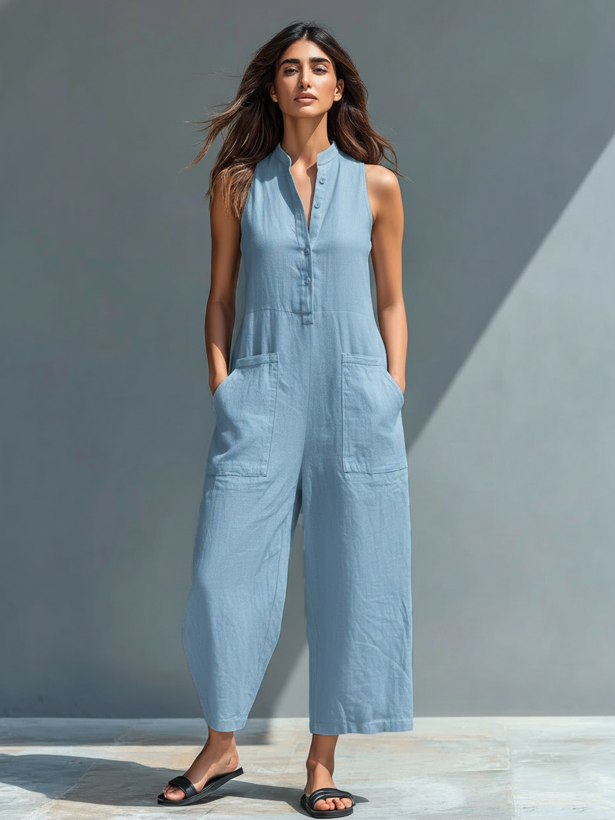 Onyx Wide-Leg Linen Jumpsuit  Black Sleeveless Balloon Leg Resort Jumpsuit