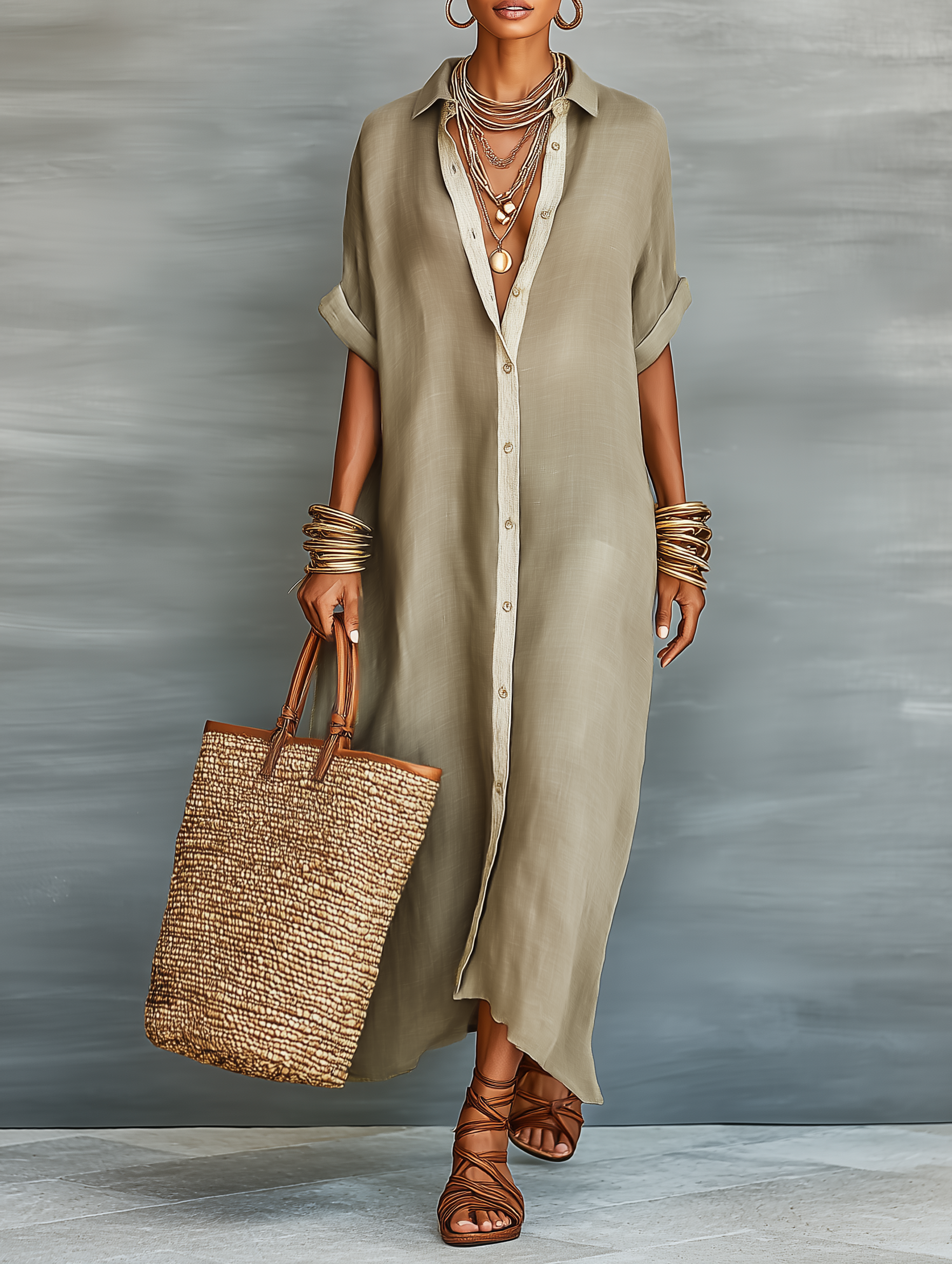 Tangier Button-Down Linen Maxi Shirt Dress  Khaki Oversized Resort Dress