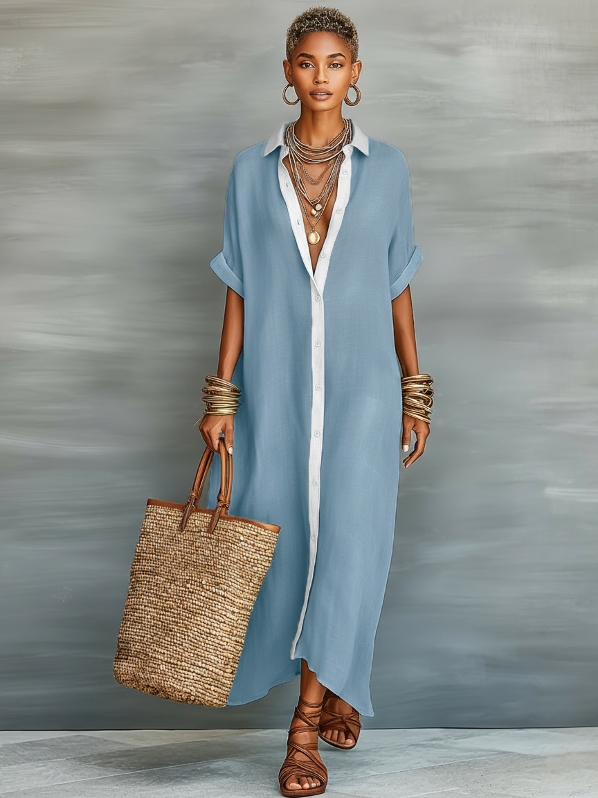 Tangier Button-Down Linen Maxi Shirt Dress  Khaki Oversized Resort Dress
