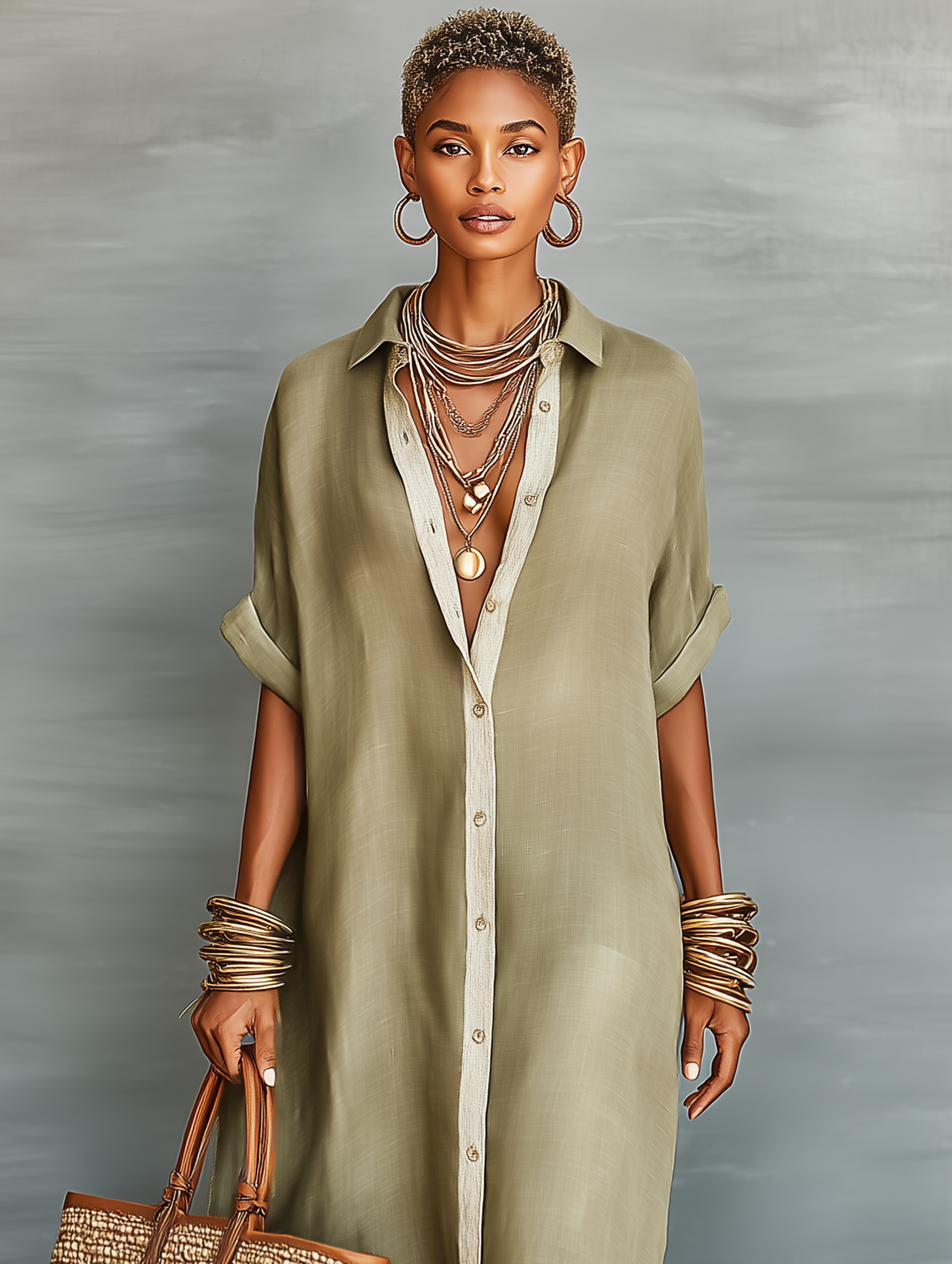 Tangier Button-Down Linen Maxi Shirt Dress  Khaki Oversized Resort Dress
