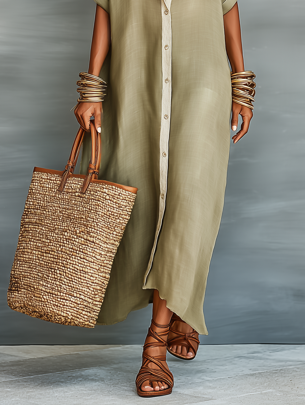 Tangier Button-Down Linen Maxi Shirt Dress  Khaki Oversized Resort Dress