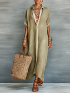 Tangier Button-Down Linen Maxi Shirt Dress  Khaki Oversized Resort Dress