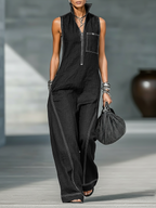Women’s Minimalist Sleeveless Jumpsuit – Loose Fit Full-Length One-Piece with White Trim & Zipper Neck Casual Outfit