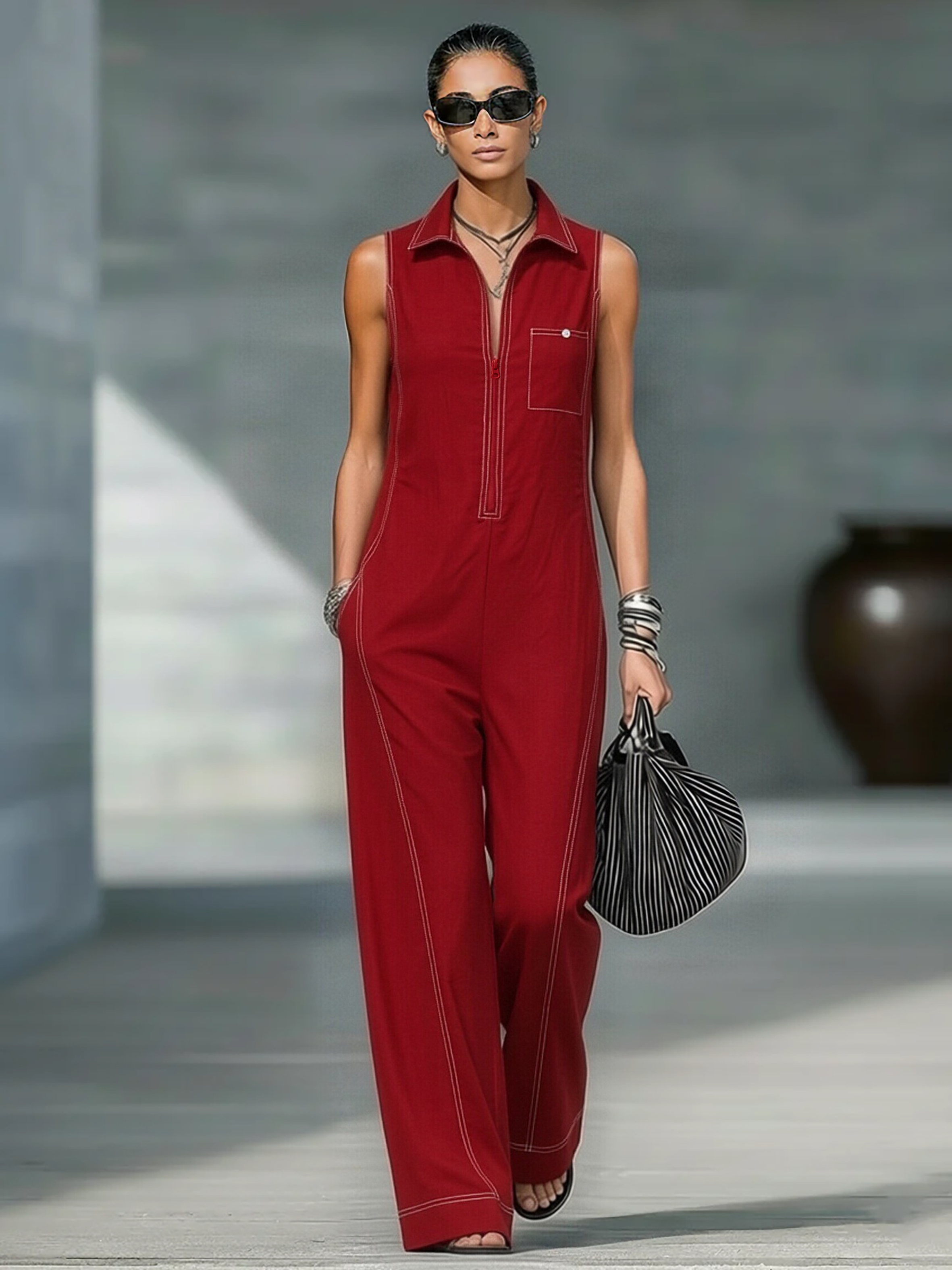 Women’s Minimalist Sleeveless Jumpsuit – Loose Fit Full-Length One-Piece with White Trim & Zipper Neck Casual Outfit