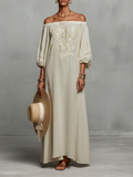 Women’s Off-Shoulder Embroidered Maxi Dress – Three-Quarter Sleeve Elegant Minimalist Evening & Vacation Dress