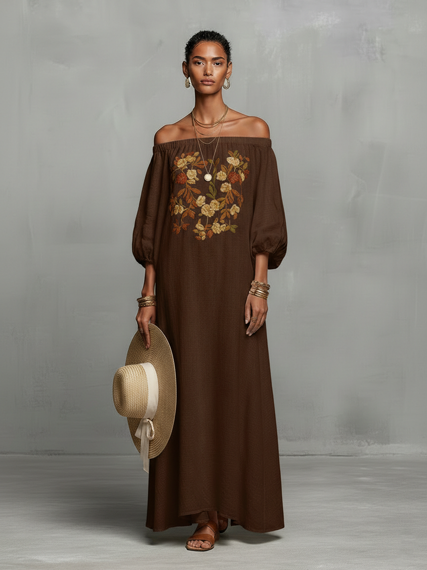 Women’s Off-Shoulder Embroidered Maxi Dress – Three-Quarter Sleeve Elegant Minimalist Evening & Vacation Dress