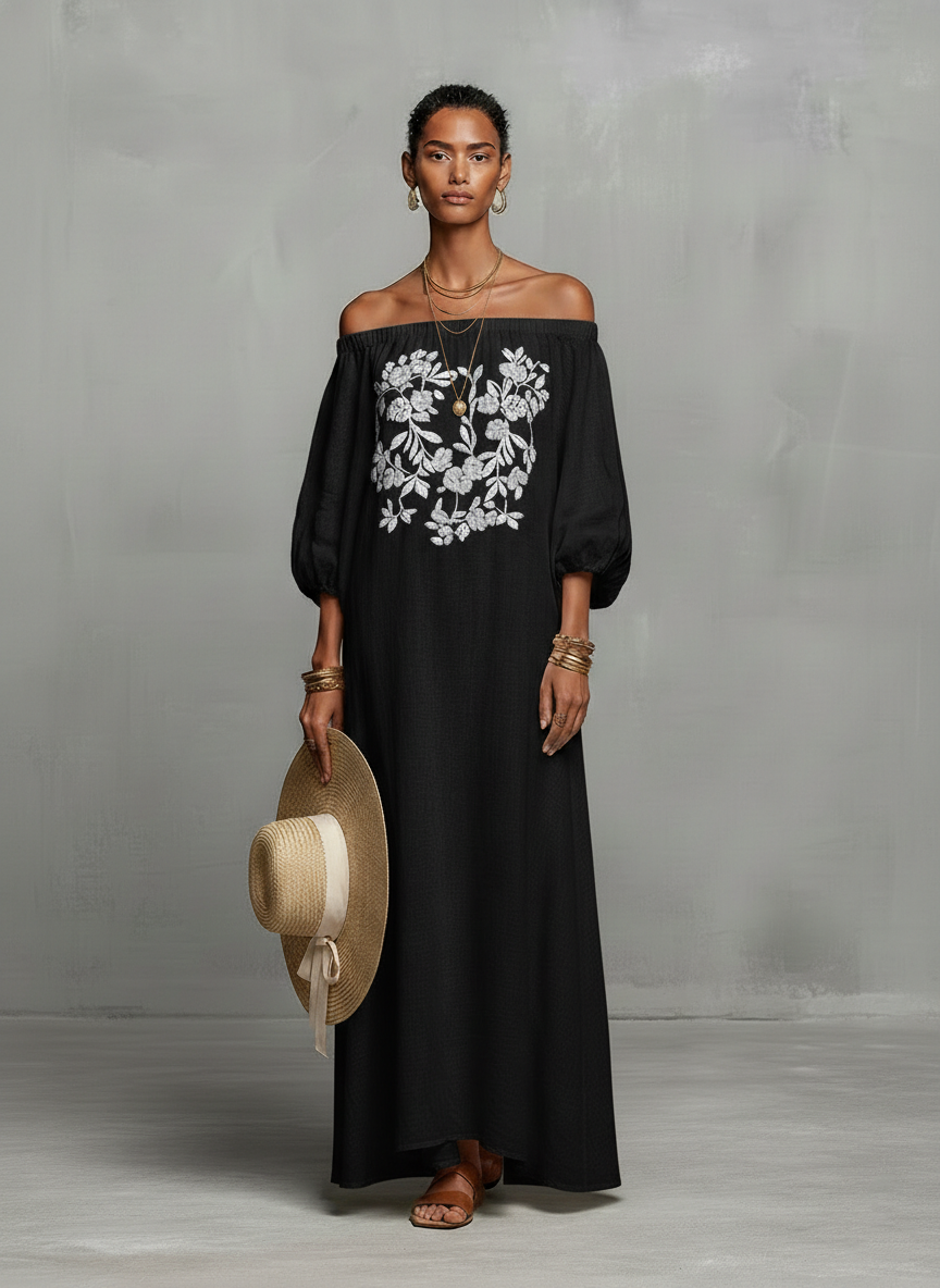 Women’s Off-Shoulder Embroidered Maxi Dress – Three-Quarter Sleeve Elegant Minimalist Evening & Vacation Dress