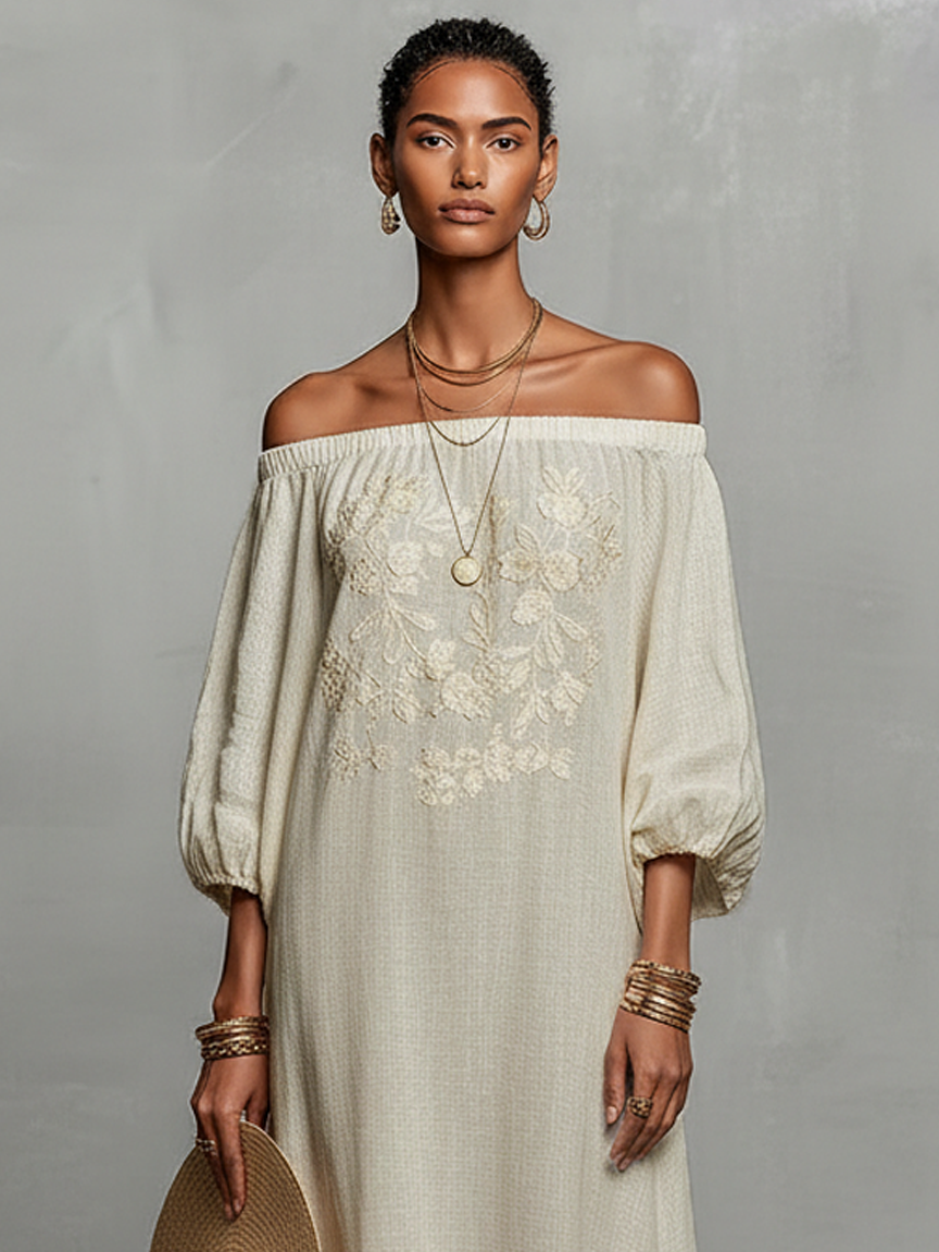 Women’s Off-Shoulder Embroidered Maxi Dress – Three-Quarter Sleeve Elegant Minimalist Evening & Vacation Dress