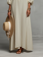Women’s Off-Shoulder Embroidered Maxi Dress – Three-Quarter Sleeve Elegant Minimalist Evening & Vacation Dress