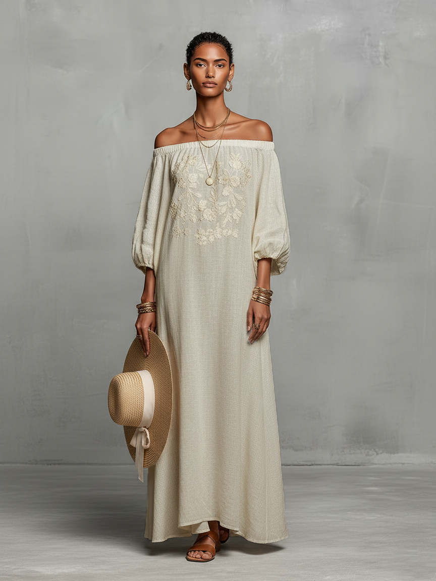 Women’s Off-Shoulder Embroidered Maxi Dress – Three-Quarter Sleeve Elegant Minimalist Evening & Vacation Dress