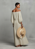 Women’s Off-Shoulder Embroidered Maxi Dress – Three-Quarter Sleeve Elegant Minimalist Evening & Vacation Dress