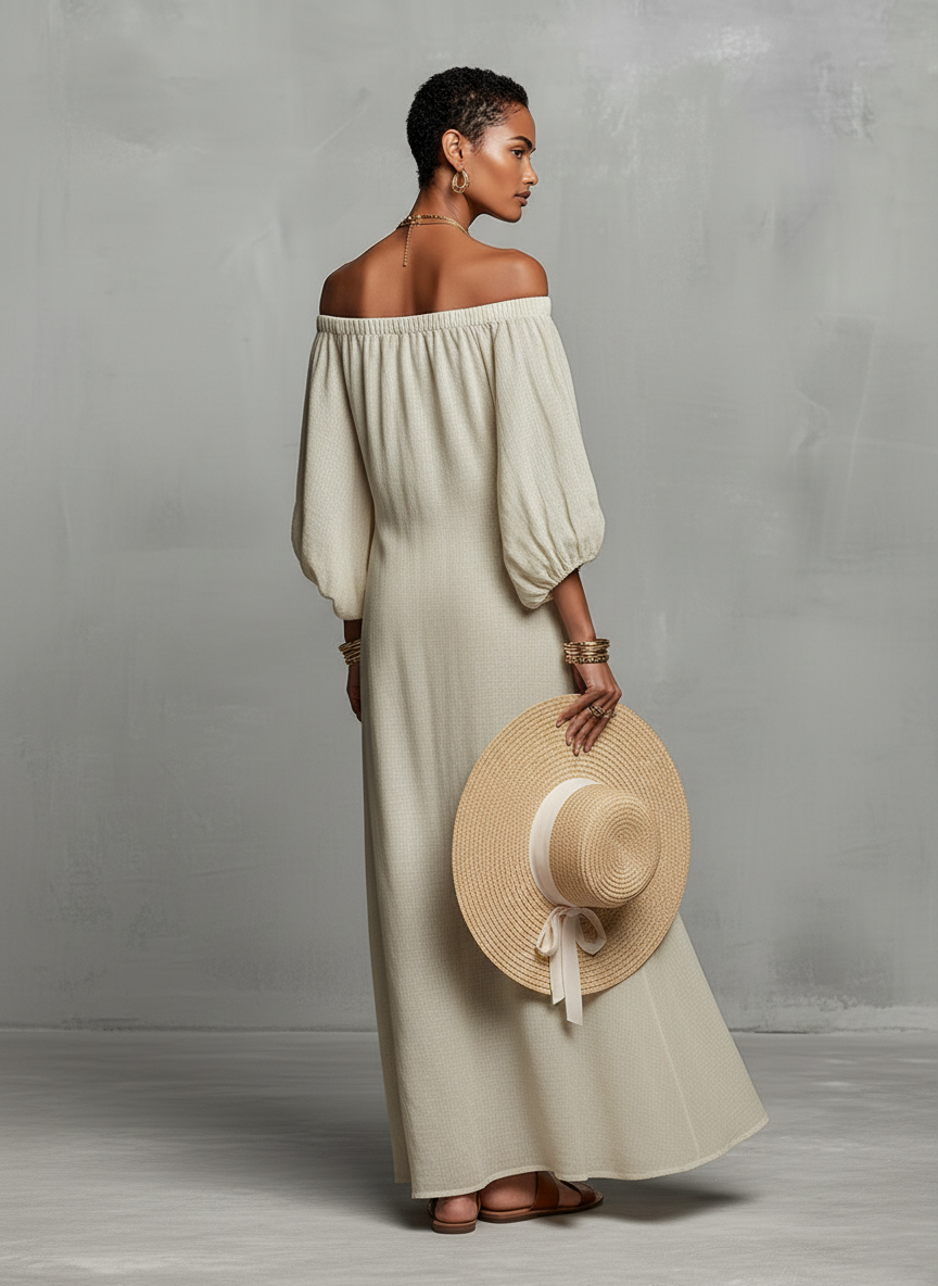 Women’s Off-Shoulder Embroidered Maxi Dress – Three-Quarter Sleeve Elegant Minimalist Evening & Vacation Dress