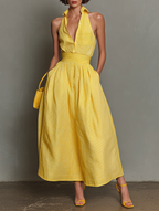 Women’s Minimalist Striped Lapel Maxi Dress – Sleeveless V-Neck Elegant Summer Resort Dress