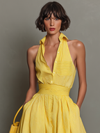 Women’s Minimalist Striped Lapel Maxi Dress – Sleeveless V-Neck Elegant Summer Resort Dress
