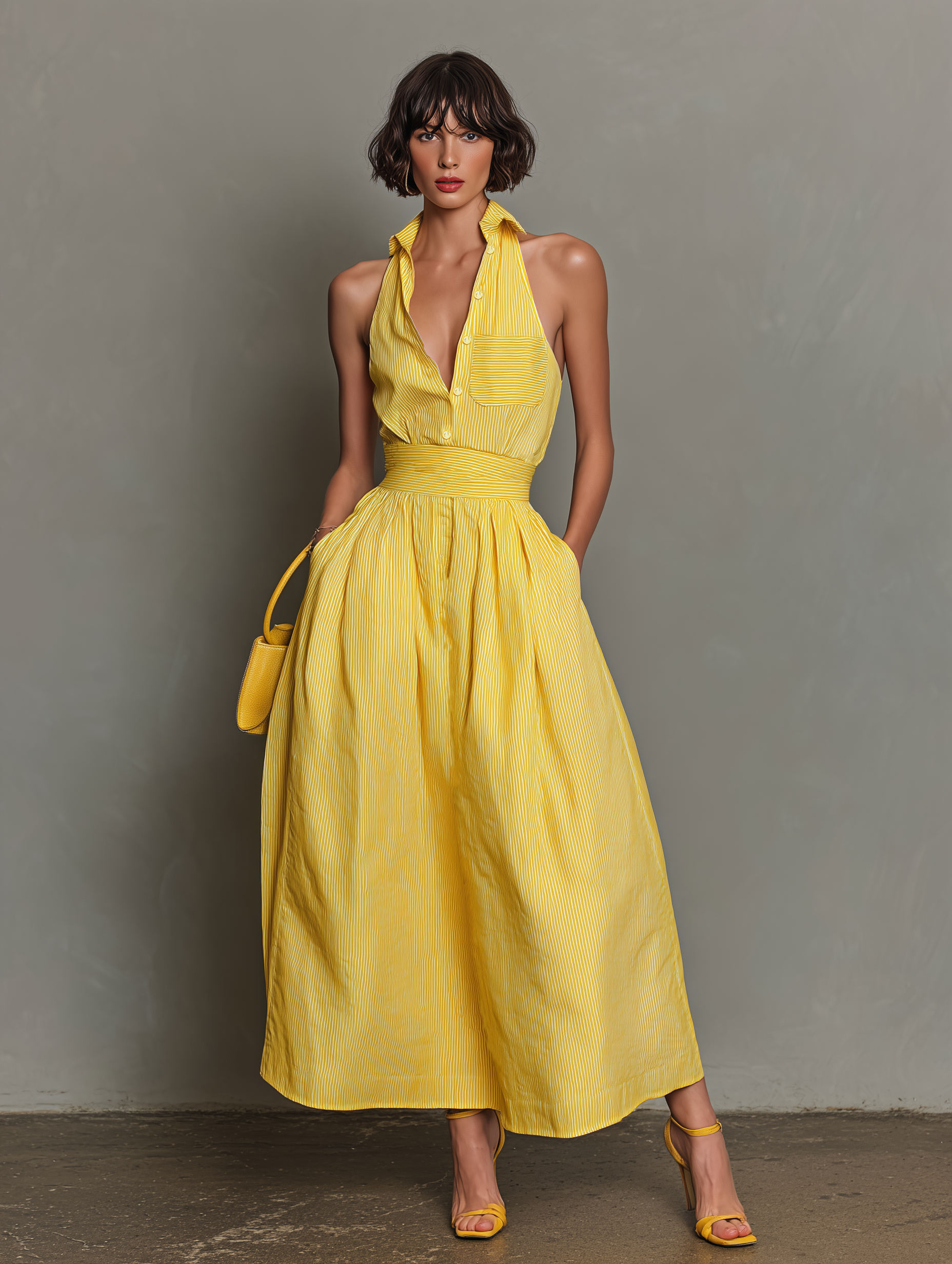 Women’s Minimalist Striped Lapel Maxi Dress – Sleeveless V-Neck Elegant Summer Resort Dress