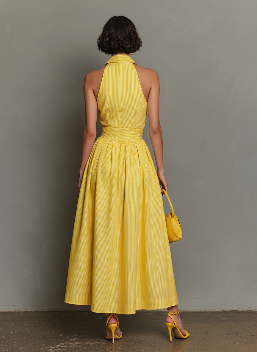 Women’s Minimalist Striped Lapel Maxi Dress – Sleeveless V-Neck Elegant Summer Resort Dress