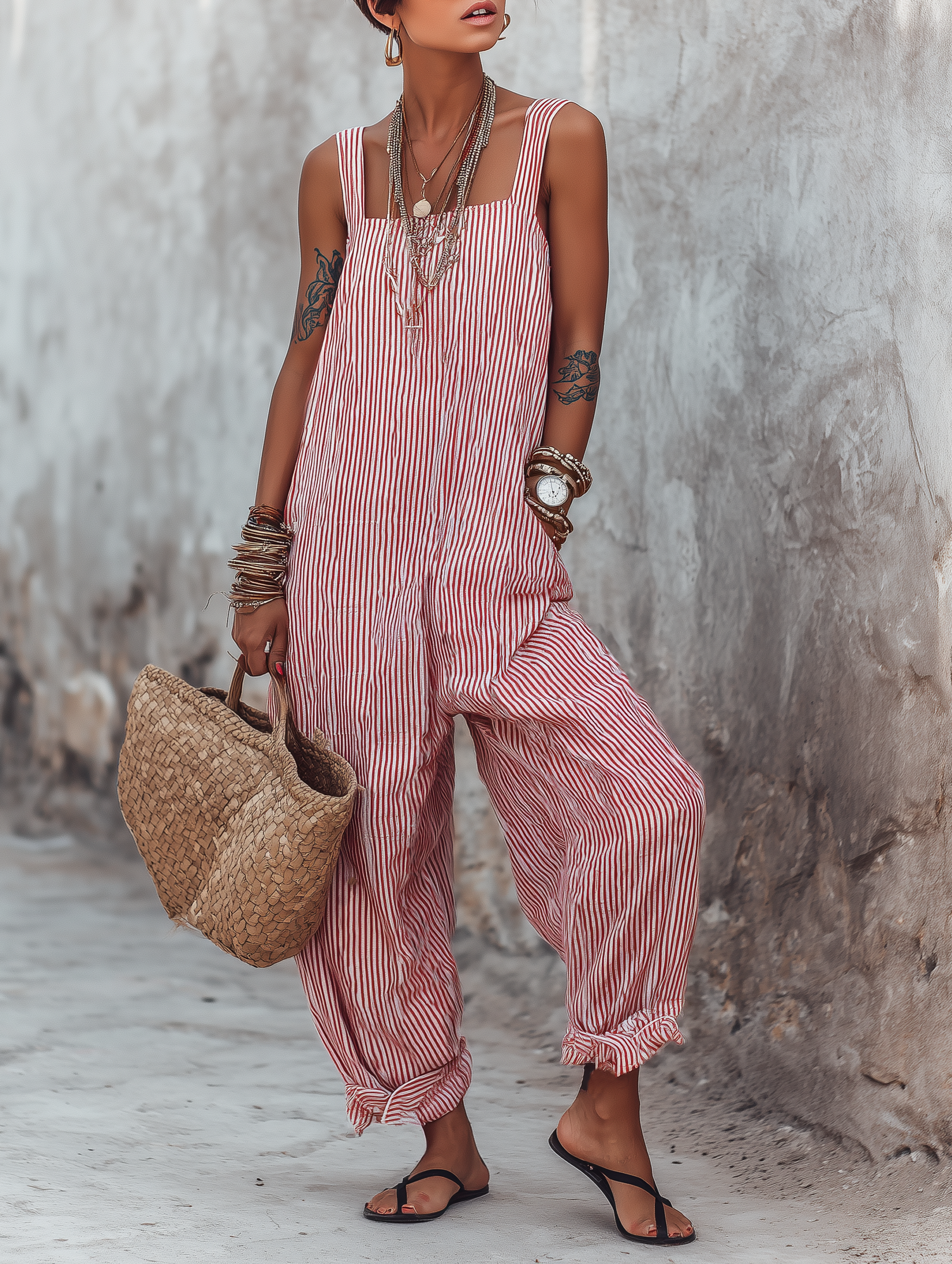 Women’s Minimalist Striped Square Neck Jumpsuit – Loose Fit Sleeveless Wide Leg Summer One-Piece Outfit