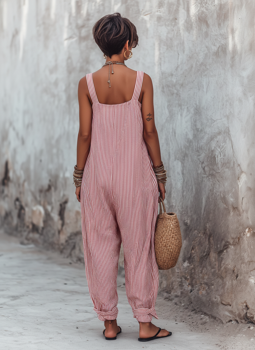 Women’s Minimalist Striped Square Neck Jumpsuit – Loose Fit Sleeveless Wide Leg Summer One-Piece Outfit
