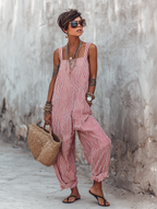 Women’s Minimalist Striped Square Neck Jumpsuit – Loose Fit Sleeveless Wide Leg Summer One-Piece Outfit