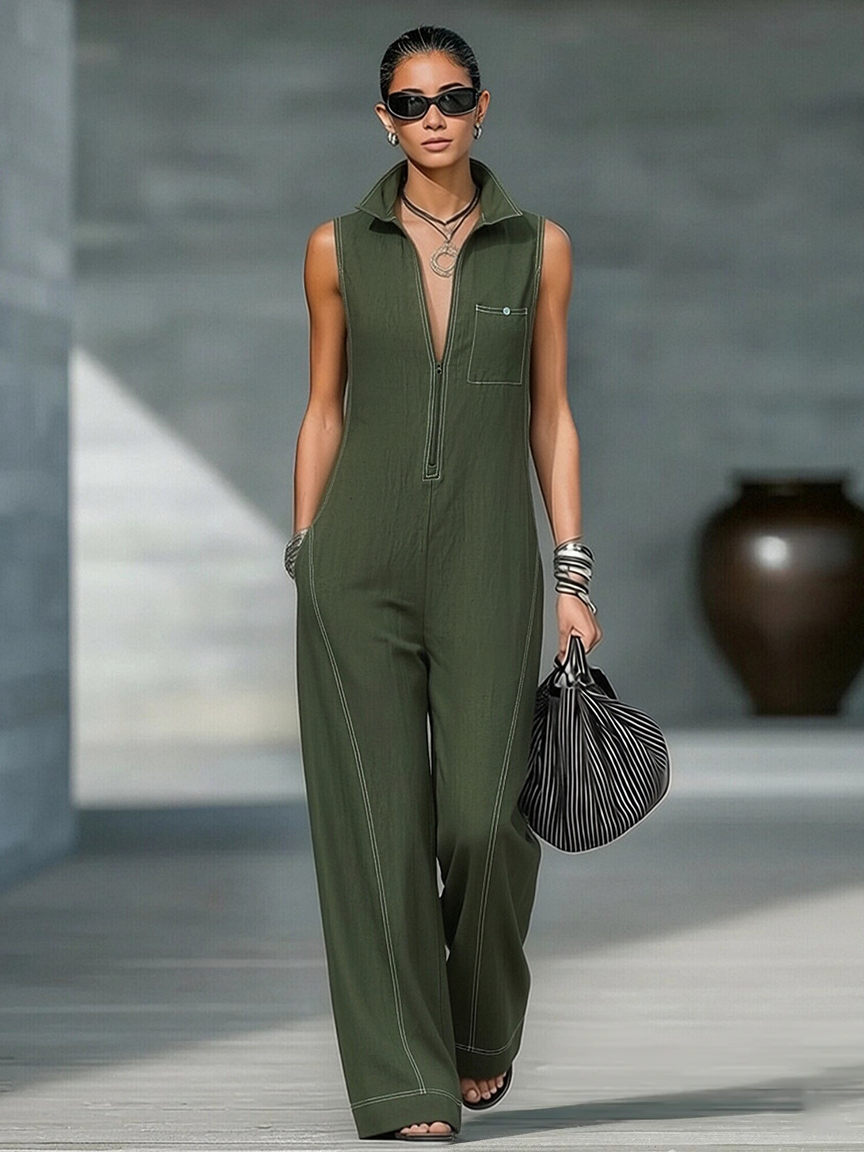 Women’s Minimalist Sleeveless Jumpsuit – Contrast Trim Loose Fit Modern Wide-Leg Outfit