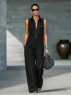 Women’s Minimalist Sleeveless Jumpsuit – Contrast Trim Loose Fit Modern Wide-Leg Outfit