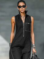Women’s Minimalist Sleeveless Jumpsuit – Contrast Trim Loose Fit Modern Wide-Leg Outfit