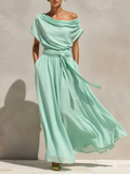 Women’s Mint Green Off-Shoulder Chiffon Maxi Dress – Belted Waist Romantic Resort Wear Elegant Dress