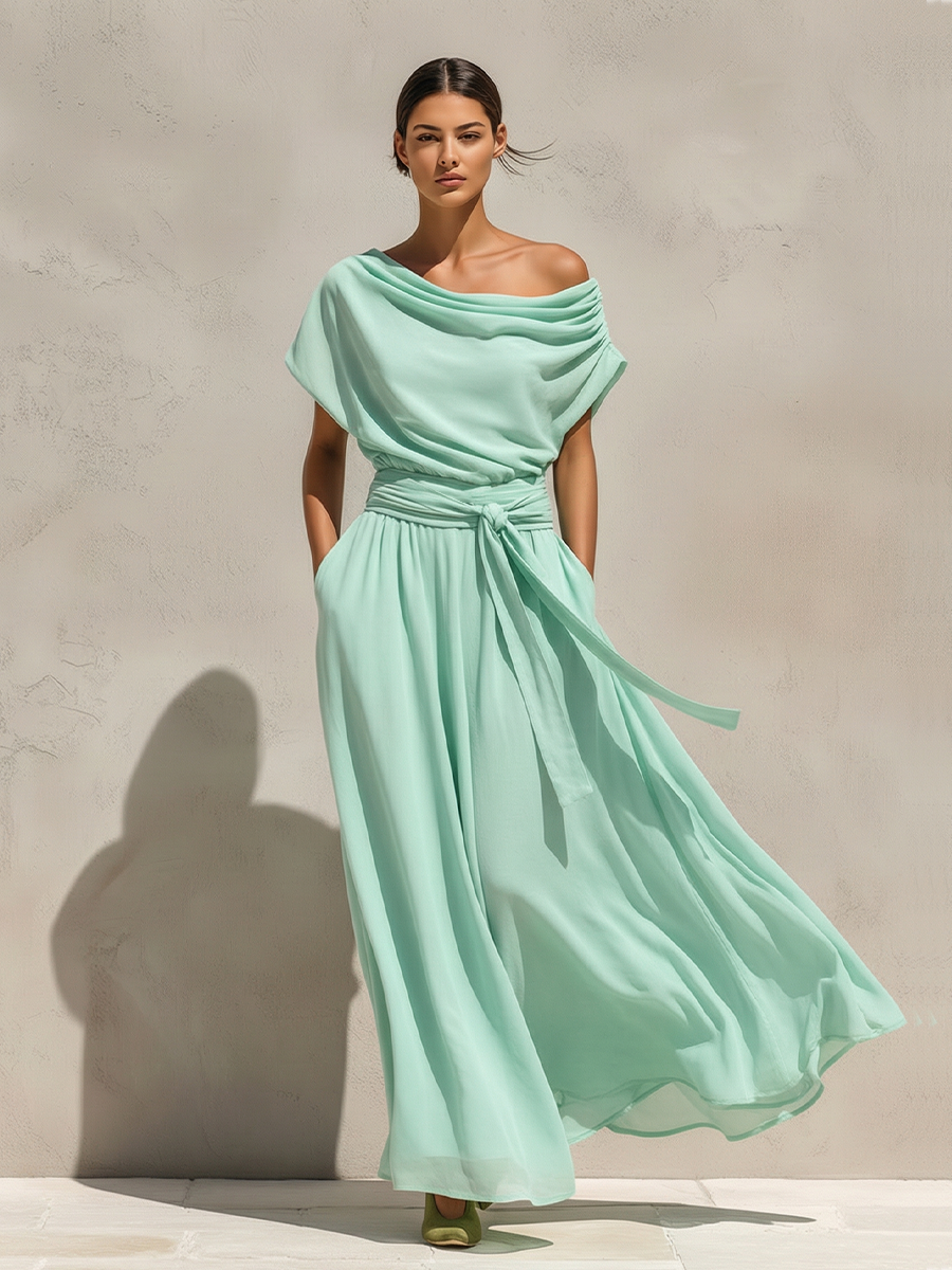 Women’s Mint Green Off-Shoulder Chiffon Maxi Dress – Belted Waist Romantic Resort Wear Elegant Dress