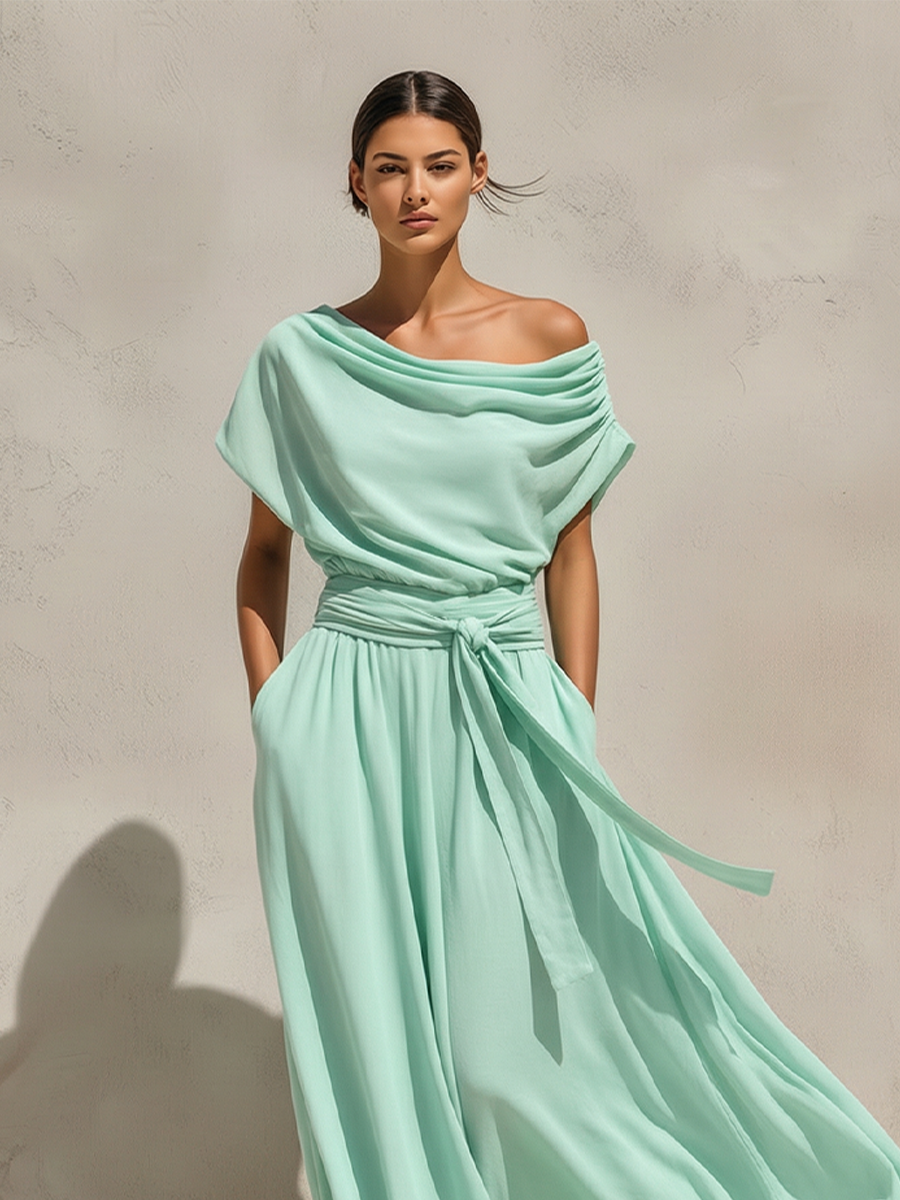 Women’s Mint Green Off-Shoulder Chiffon Maxi Dress – Belted Waist Romantic Resort Wear Elegant Dress