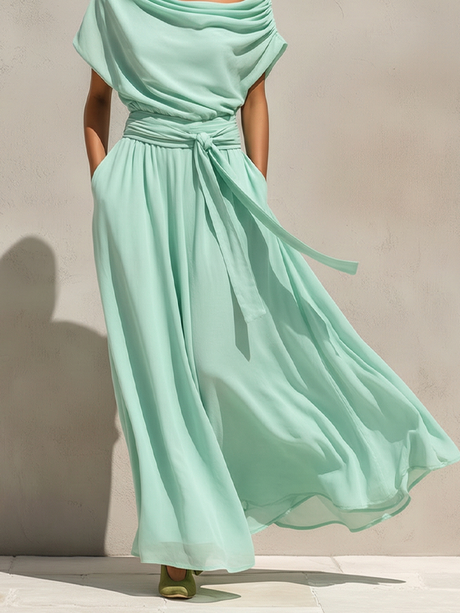 Women’s Mint Green Off-Shoulder Chiffon Maxi Dress – Belted Waist Romantic Resort Wear Elegant Dress