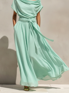 Women’s Mint Green Off-Shoulder Chiffon Maxi Dress – Belted Waist Romantic Resort Wear Elegant Dress