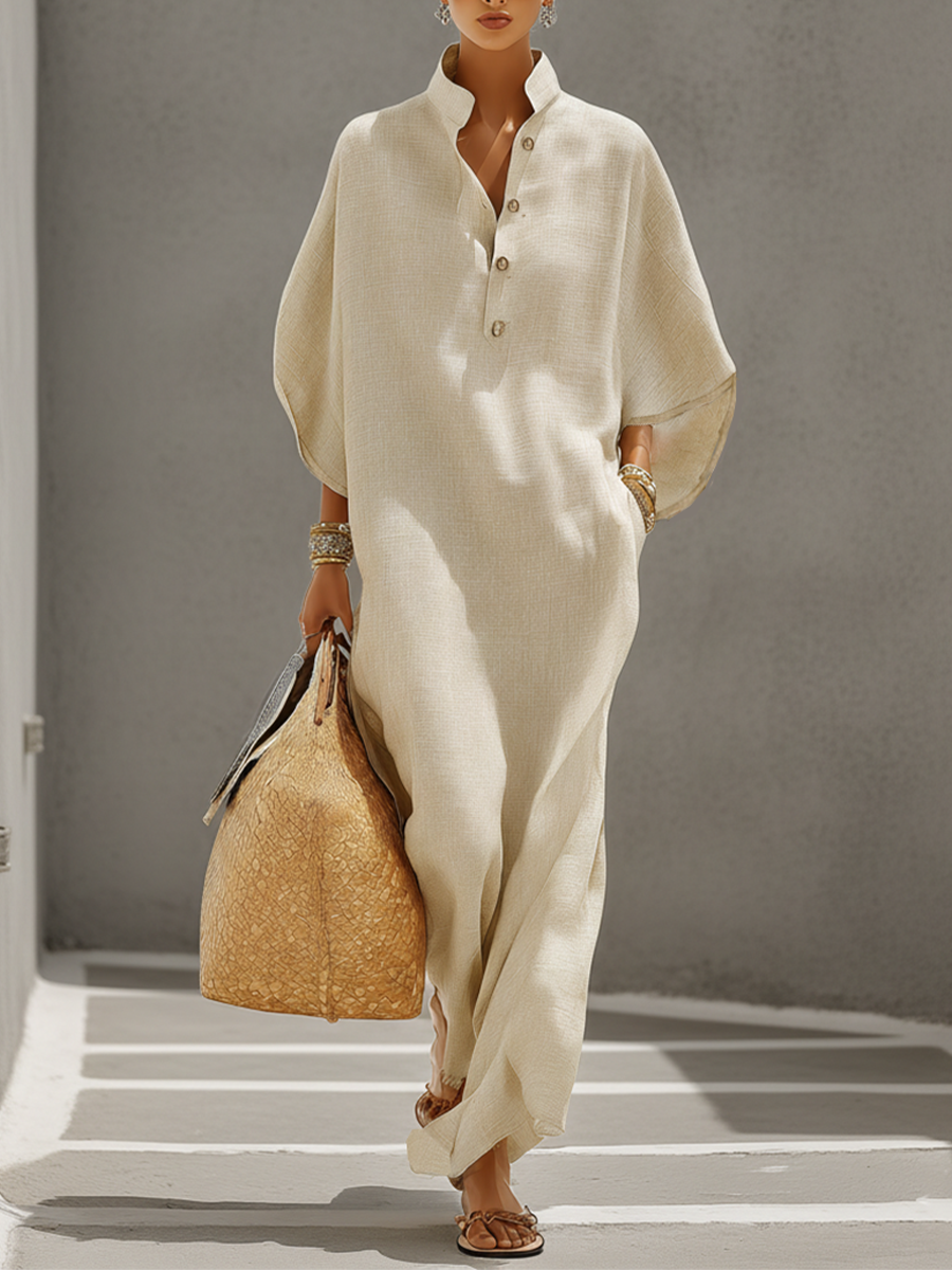 Women’s Oatmeal Linen Cotton Maxi Dress – Relaxed Fit Mandarin Collar Resort Casual Summer Dress