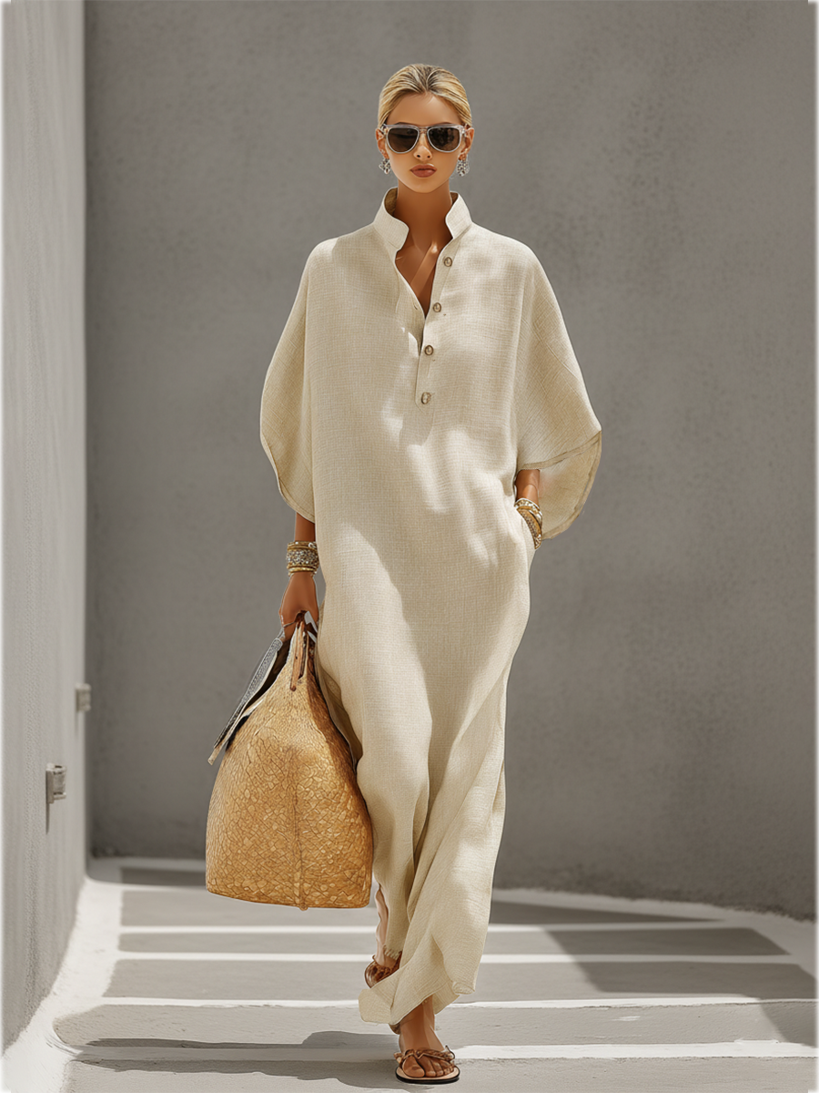 Women’s Oatmeal Linen Cotton Maxi Dress – Relaxed Fit Mandarin Collar Resort Casual Summer Dress